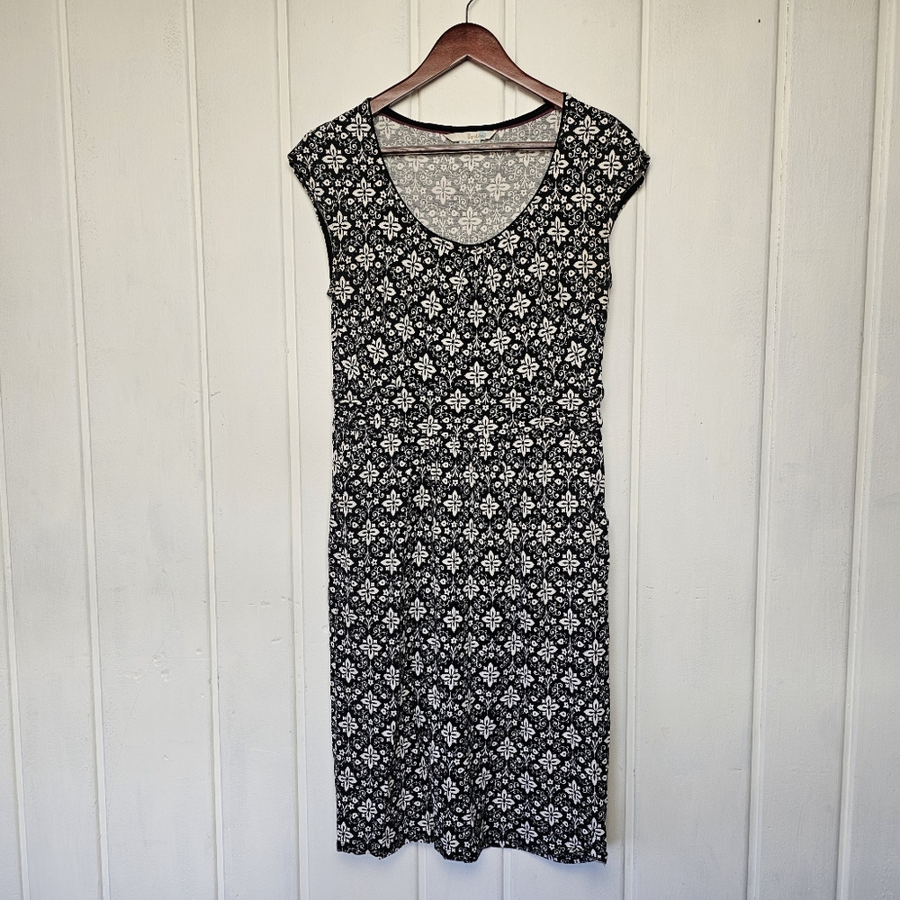 Boden Margot Scoop Neck Cap Sleeve Jersey Black White Print Midi Dress Sz 8L